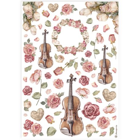 Stamperia Best Sellers Rizspapír A4 Violins and roses Rice Paper (1 ív)