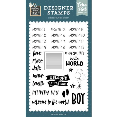 Echo Park Special Delivery Baby Boy Baby Boy Stats Szilikonbélyegző Clear Stamps (1 db)