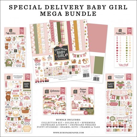 Echo Park Special Delivery Baby Girl Scrapbook alkotócsomag 12" (30 cm) Mega Bundle (1 csomag)