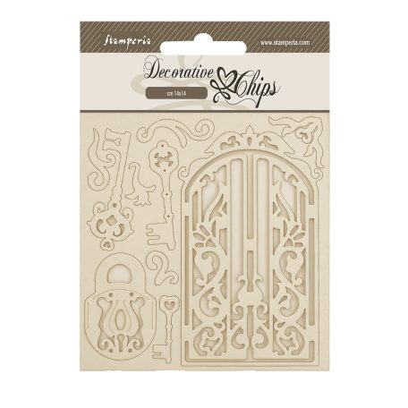 Stamperia Old Lace Chipboard 14x14 cm Gate and Key Decorative Chips (1 ív)